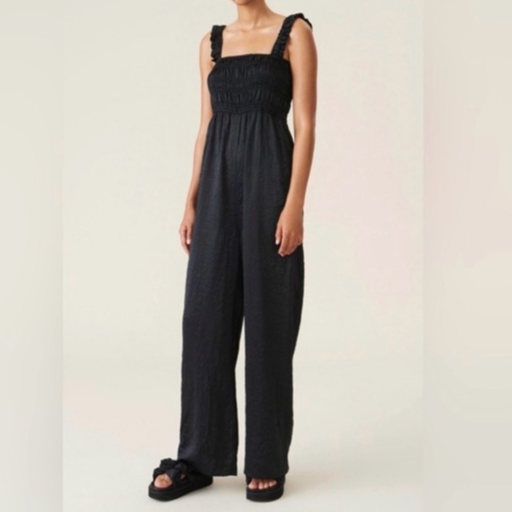 NWT Ganni Black Crinkled Satin Jumpsuit with Ruched Straps. Size 6